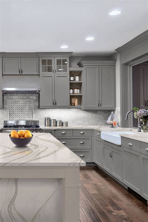 grey cabinets with quartz countertops